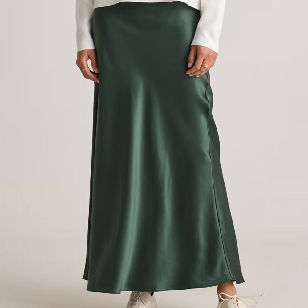 Quince Womens L Maxi Slip Skirt Long Pull Forest Green Satin Formal Elegant NWT